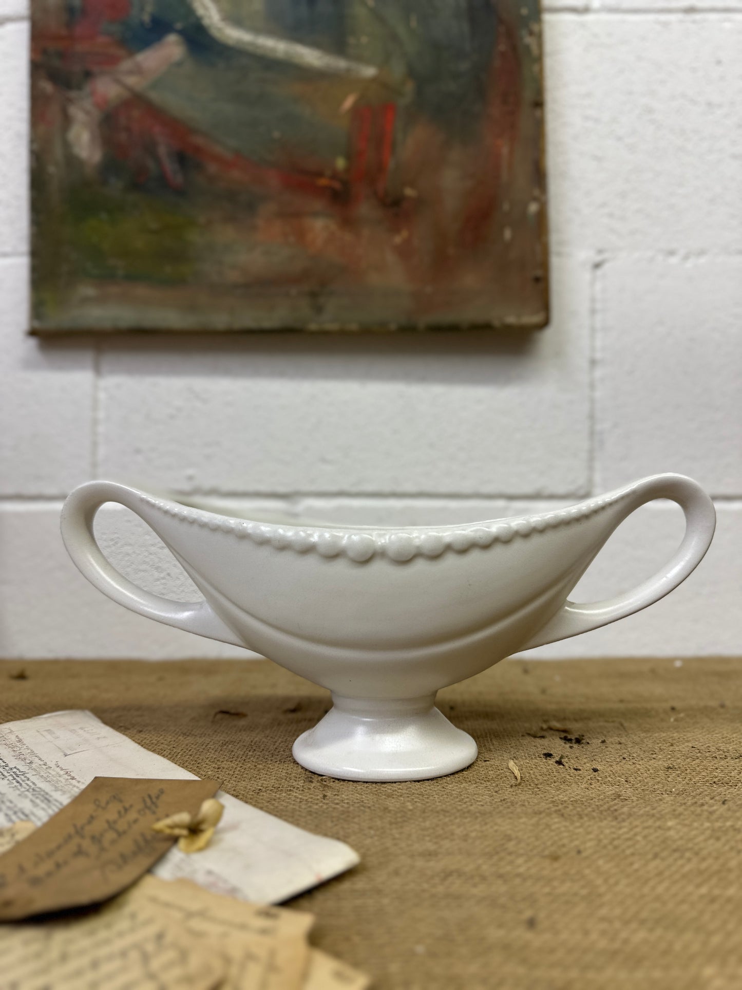 White Fluted Mantle Vase Twin Handles