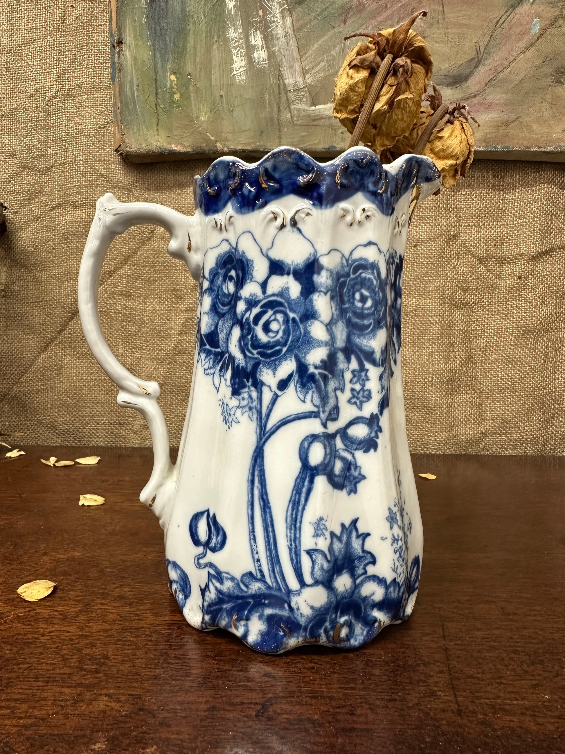Victorian Transfer-ware Blue Water Jug The Blind Mole