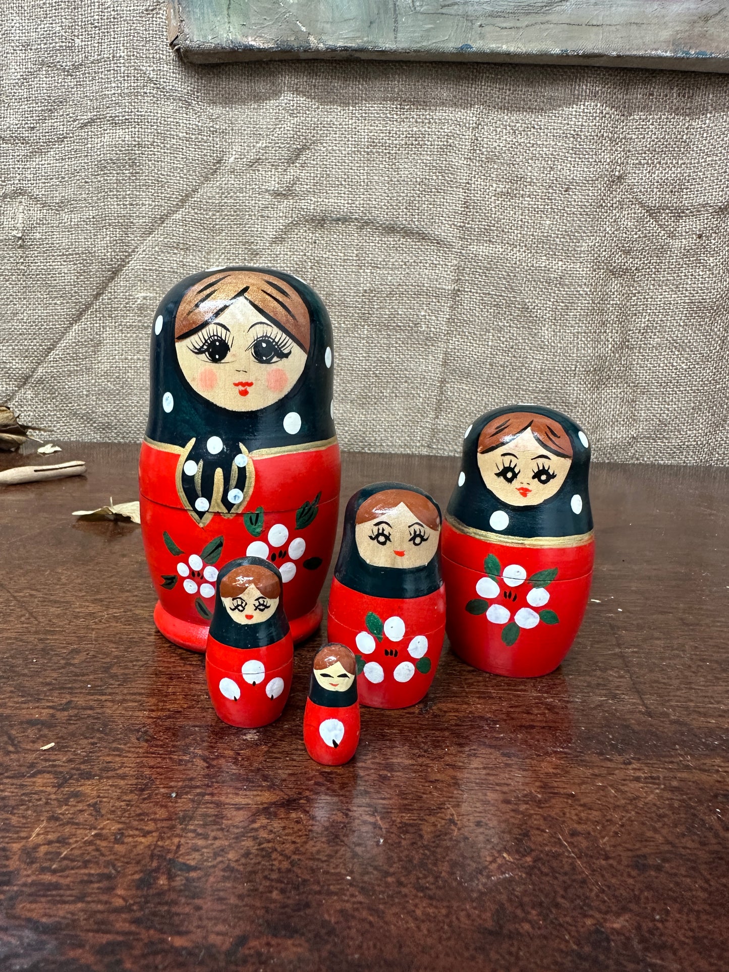 Vintage Red Russian Stacking Dolls, Nesting Dolls