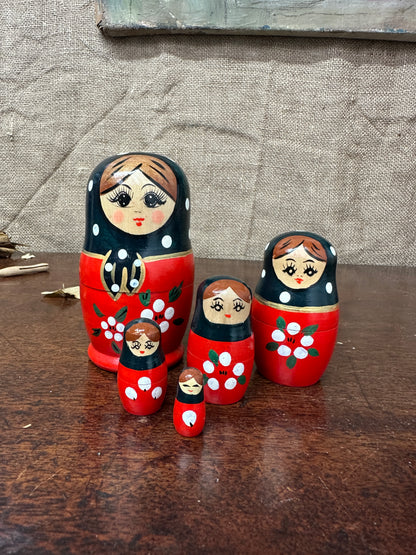 Vintage Red Russian Stacking Dolls, Nesting Dolls