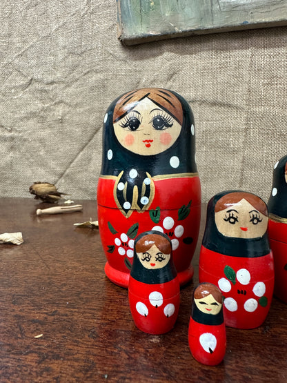 Vintage Red Russian Stacking Dolls, Nesting Dolls