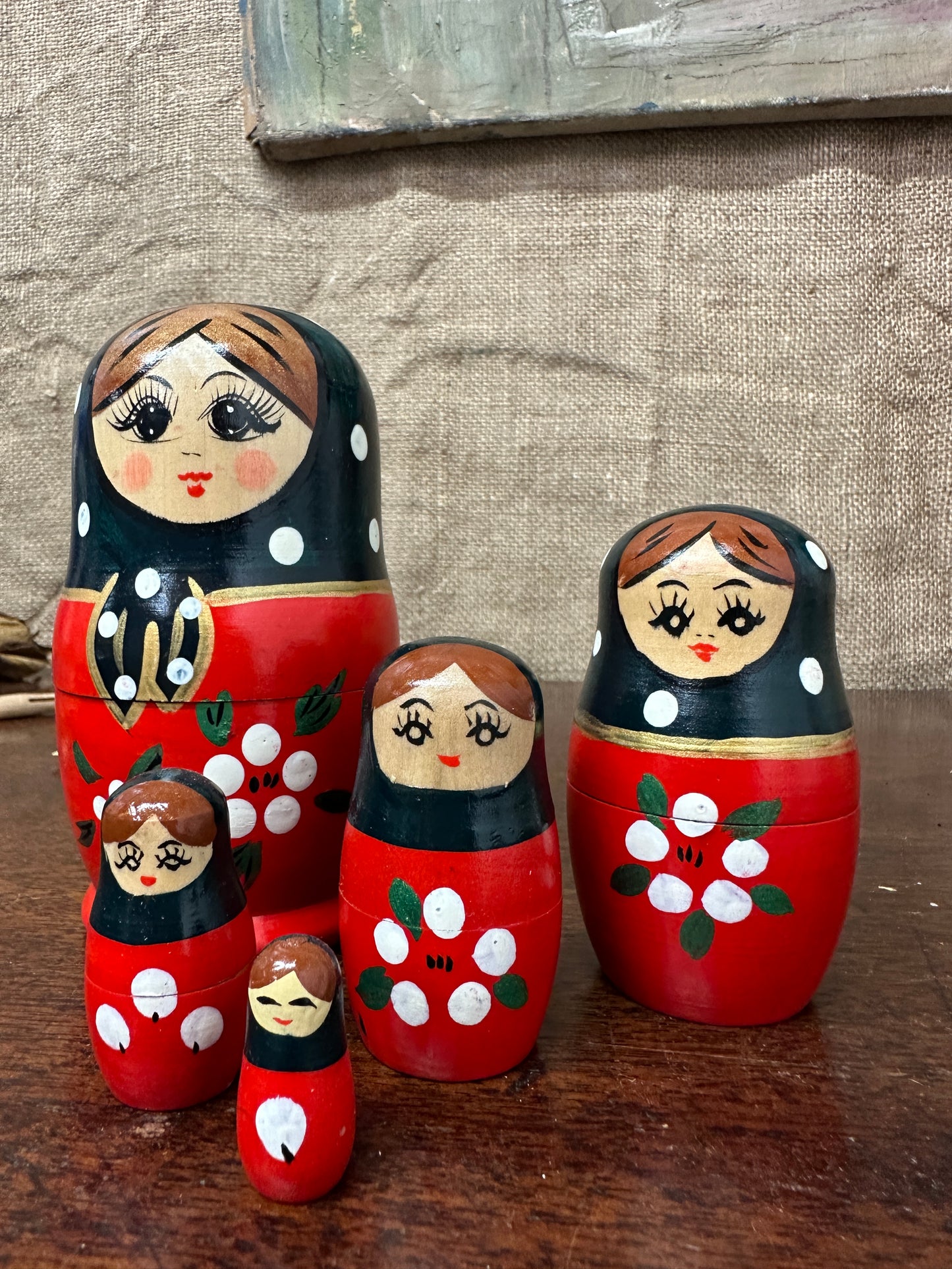 Vintage Red Russian Stacking Dolls, Nesting Dolls