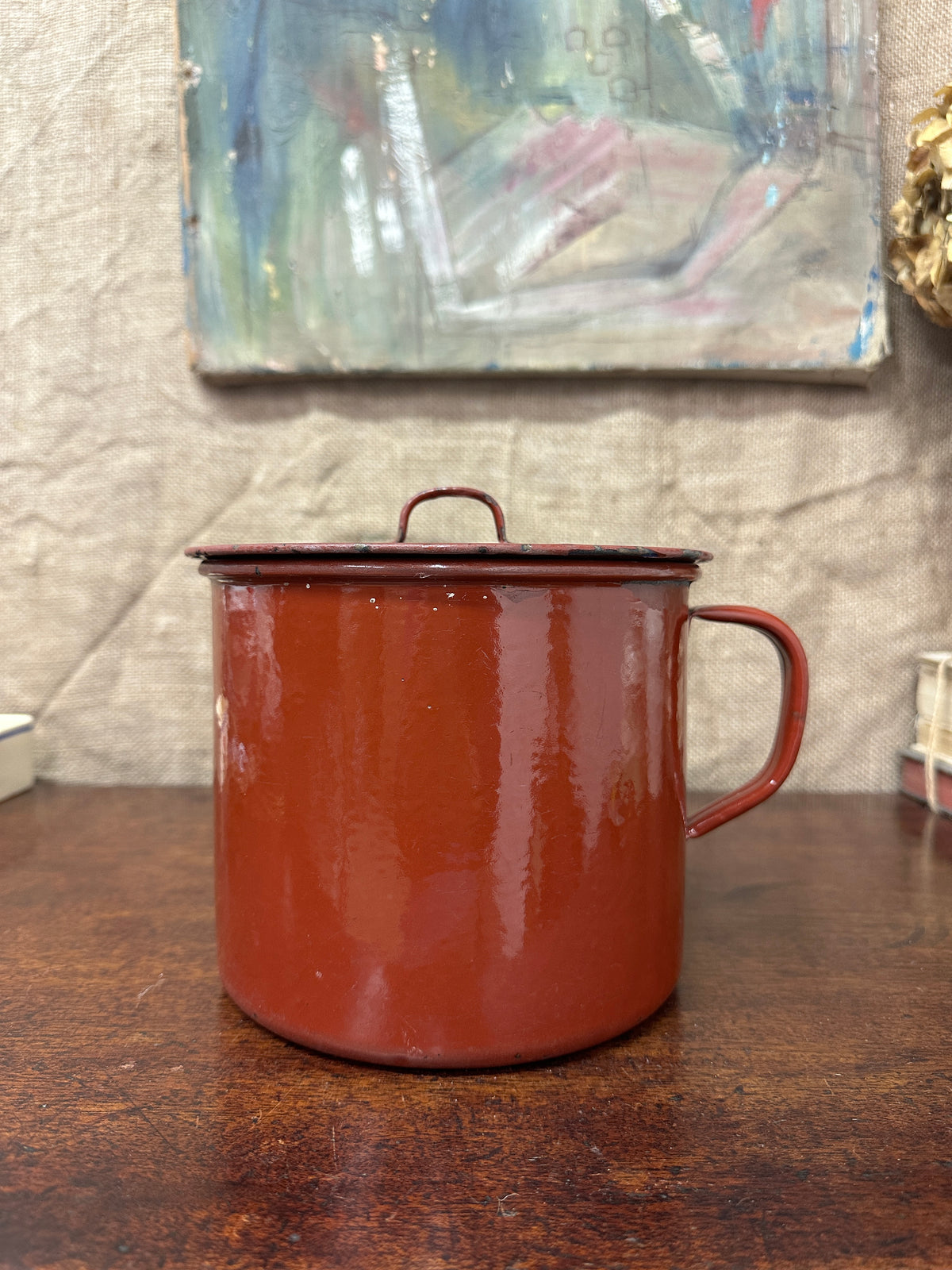 French Red Enamel Lidded Saucepan