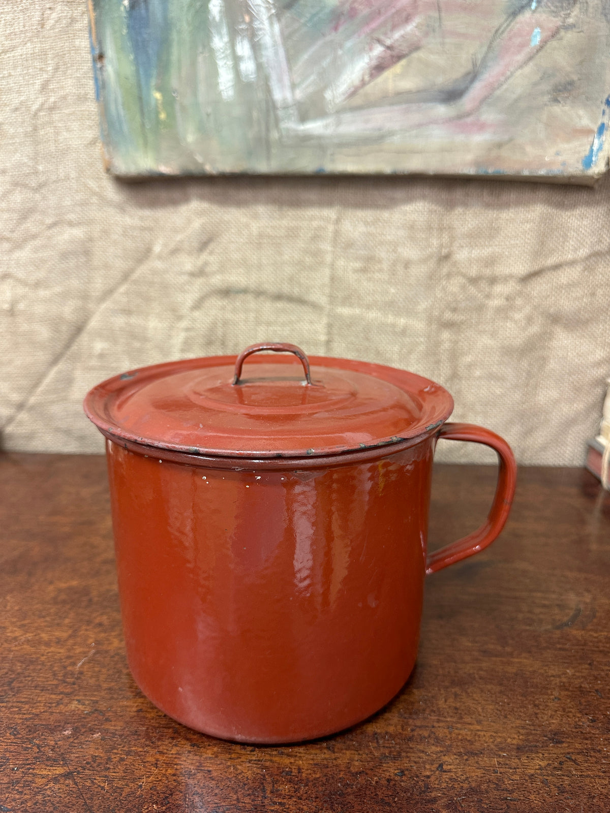 French Red Enamel Lidded Saucepan