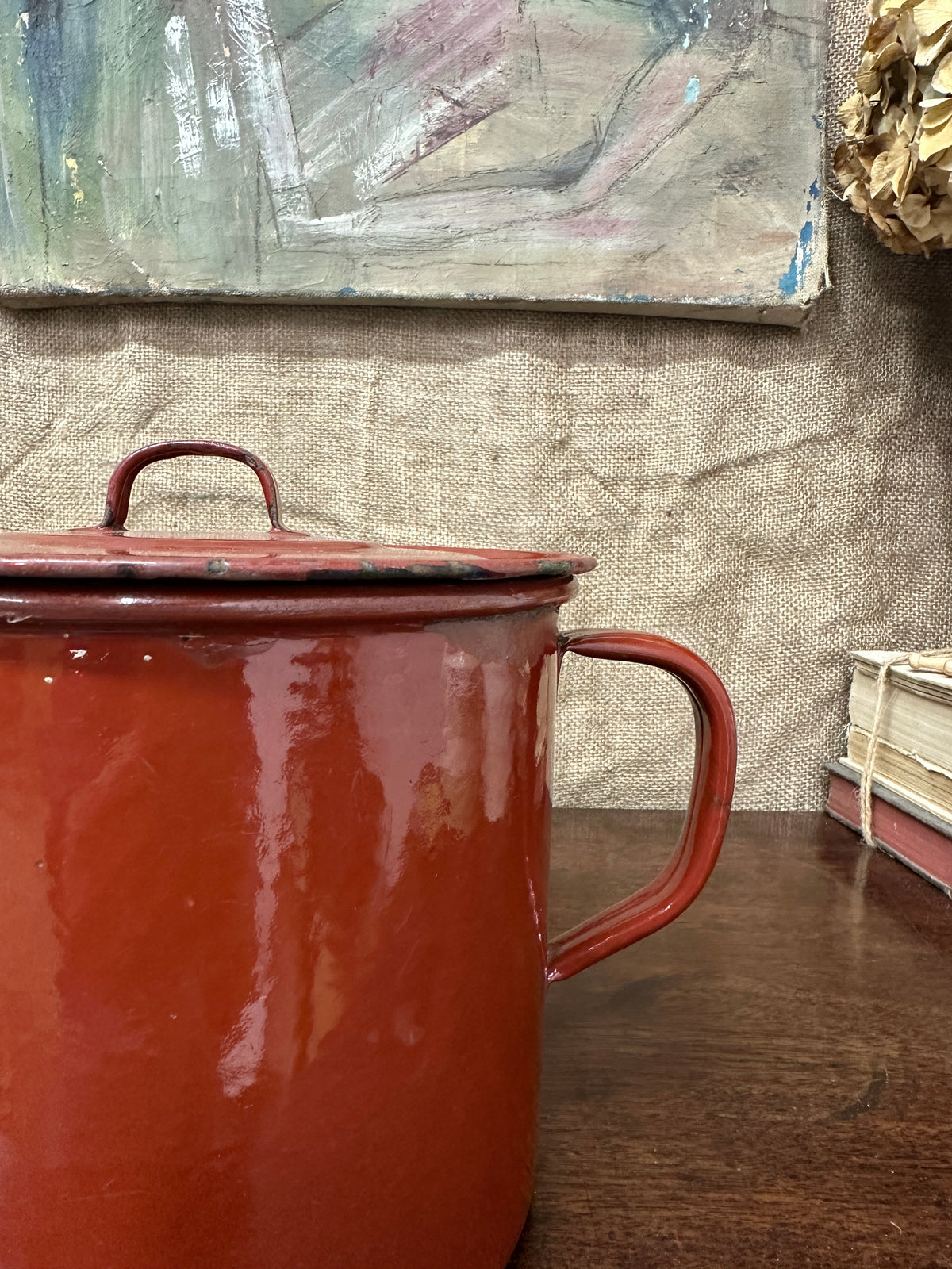 French Red Enamel Lidded Saucepan