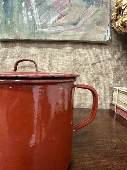 French Red Enamel Lidded Saucepan