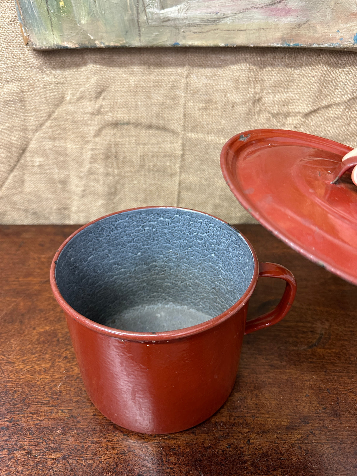 French Red Enamel Lidded Saucepan