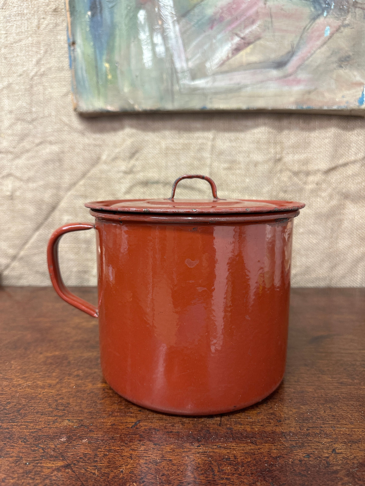 French Red Enamel Lidded Saucepan