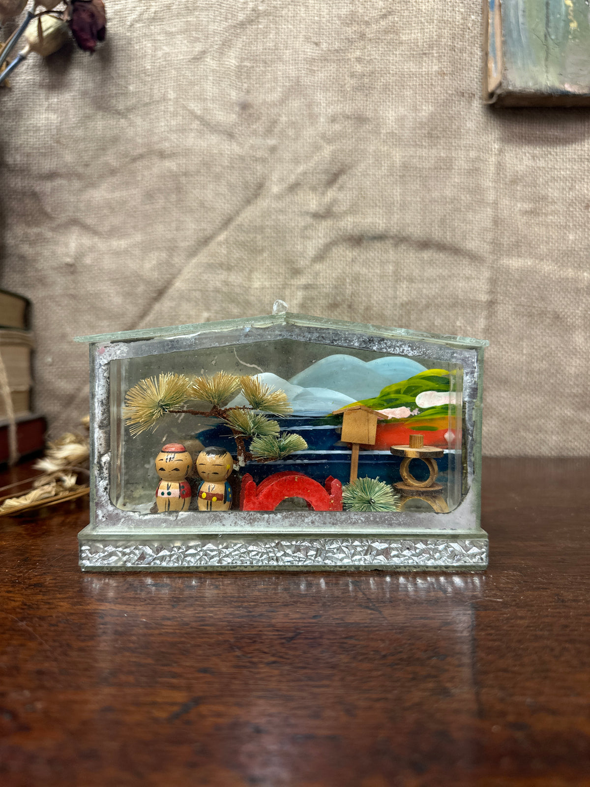Japanese Miniature Kokeshi Dolls Diorama Box