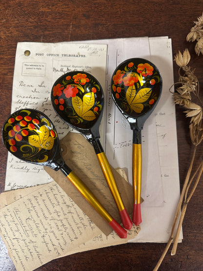 Three Painted Russian Folk Art Khokhloma Spoons