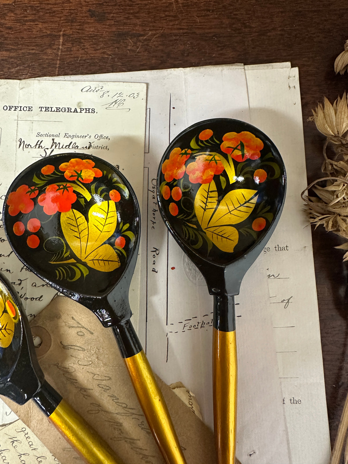 Three Painted Russian Folk Art Khokhloma Spoons