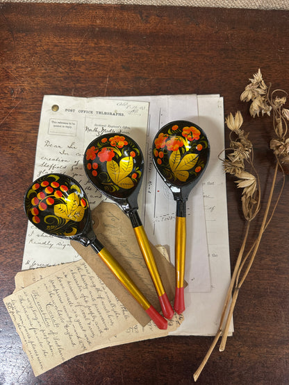 Three Painted Russian Folk Art Khokhloma Spoons