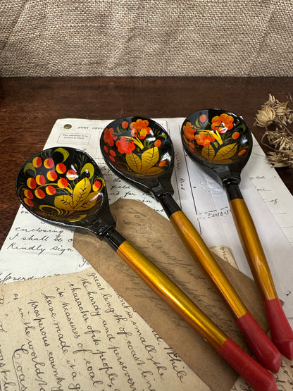 Three Painted Russian Folk Art Khokhloma Spoons