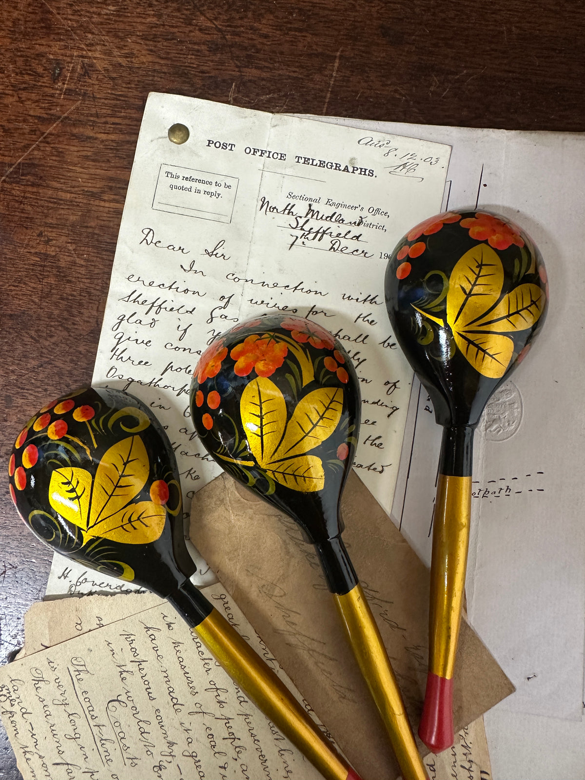 Three Painted Russian Folk Art Khokhloma Spoons
