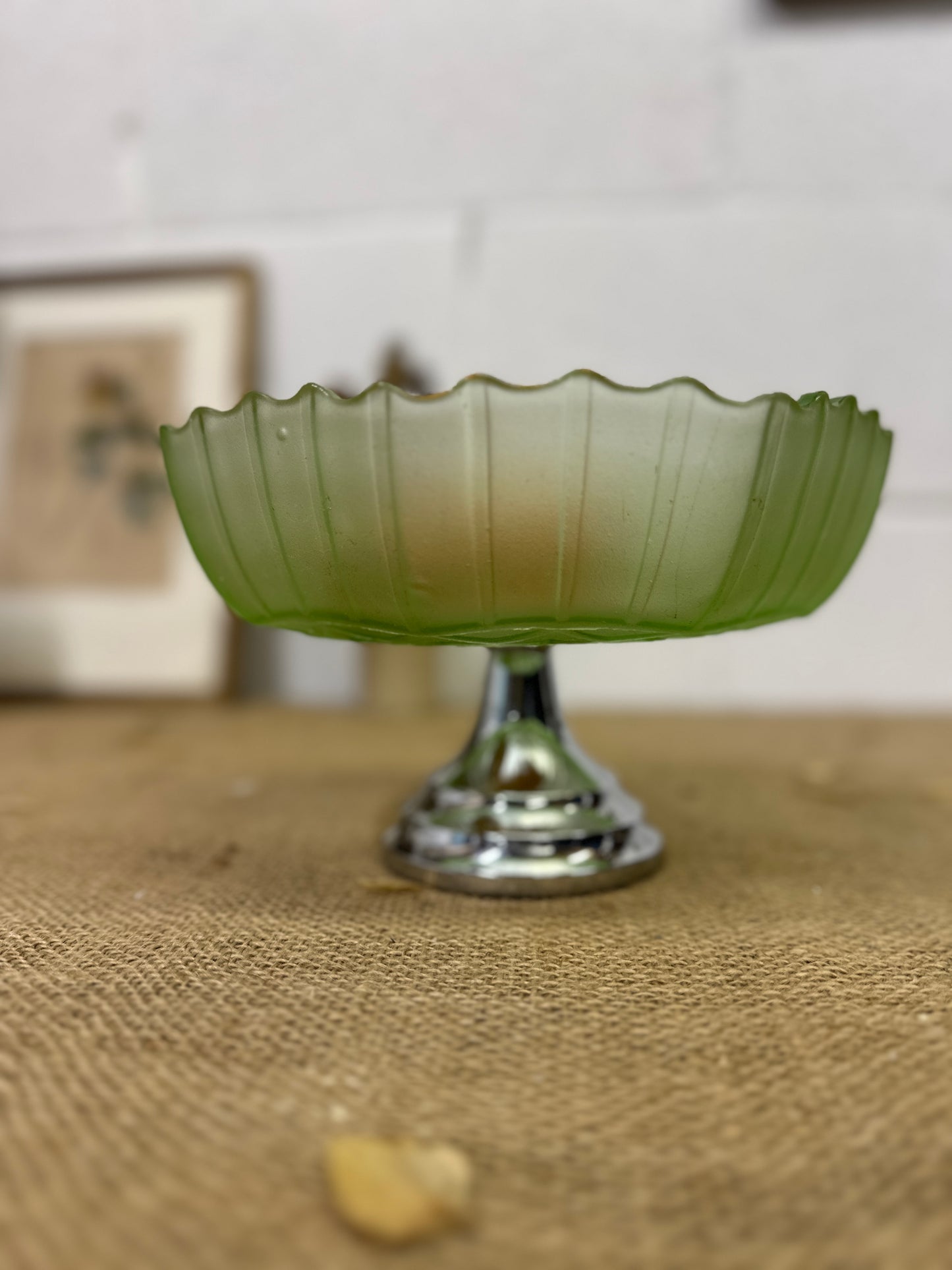 Green Pressed Glass Cake Stand