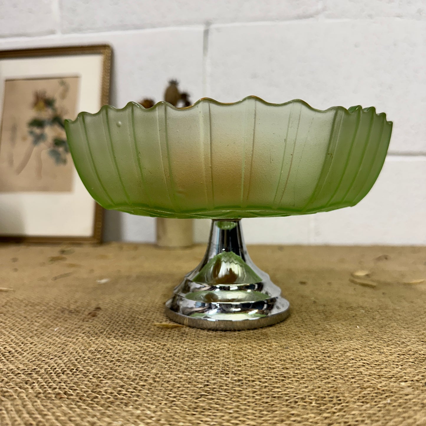 Green Pressed Glass Cake Stand