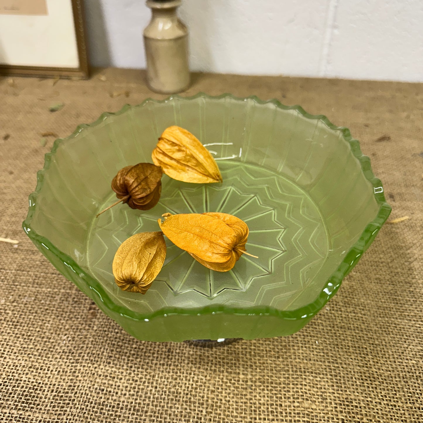 Green Pressed Glass Cake Stand