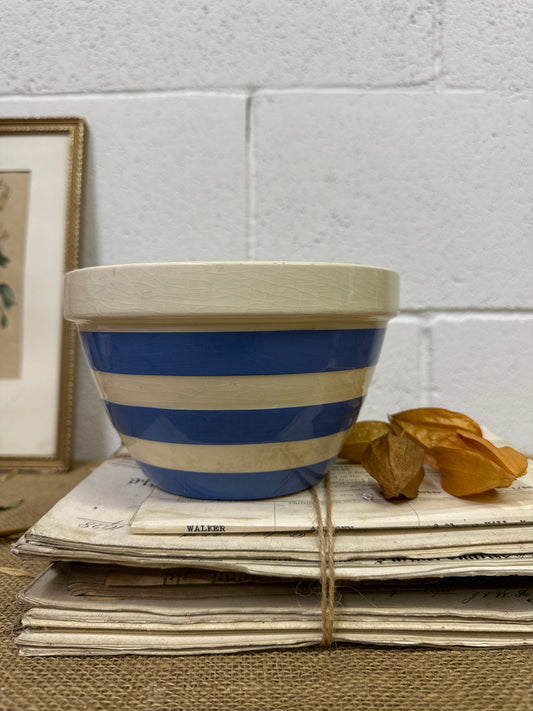 White & Blue Striped Pudding Dish Bowl