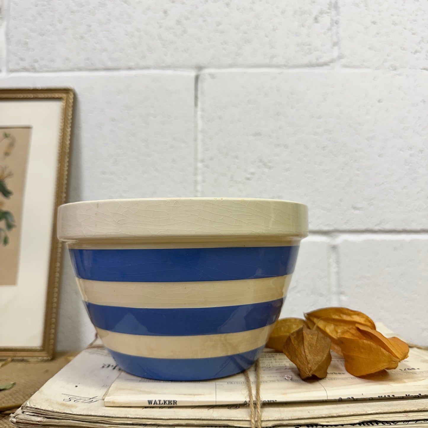 White & Blue Striped Pudding Dish Bowl