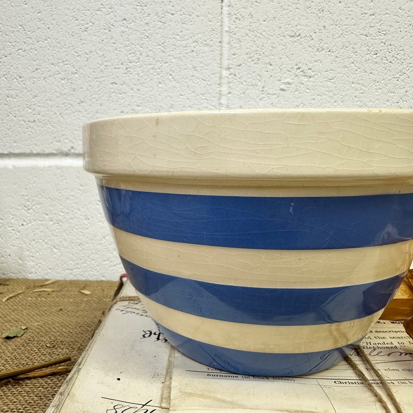 White & Blue Striped Pudding Dish Bowl