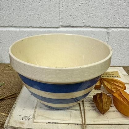White & Blue Striped Pudding Dish Bowl