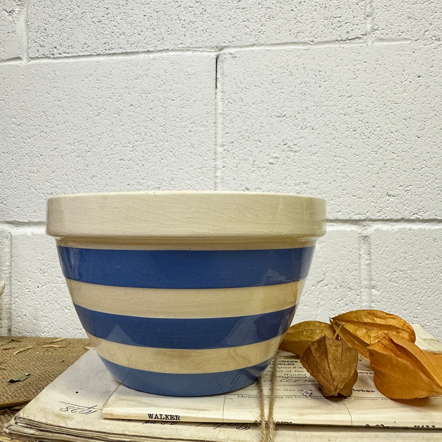 White & Blue Striped Pudding Dish Bowl