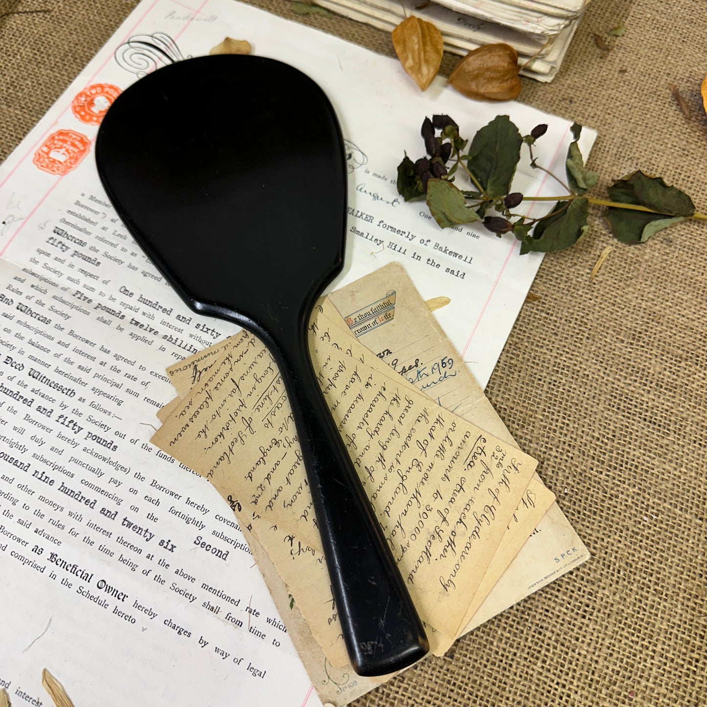 Antique Ebony Handheld Mirror Paddle