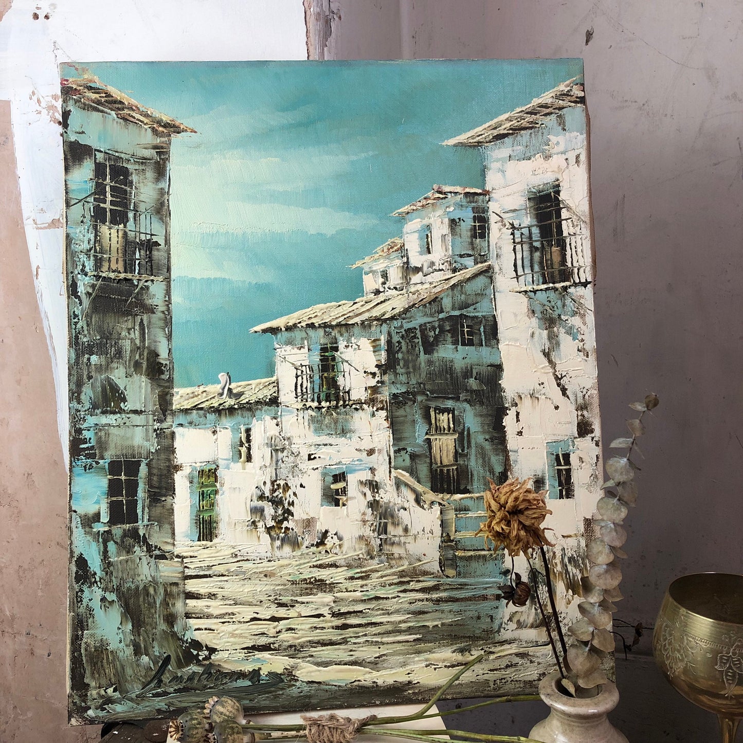 Mid Century Oil Painting on Canvas, Greek Street Scene