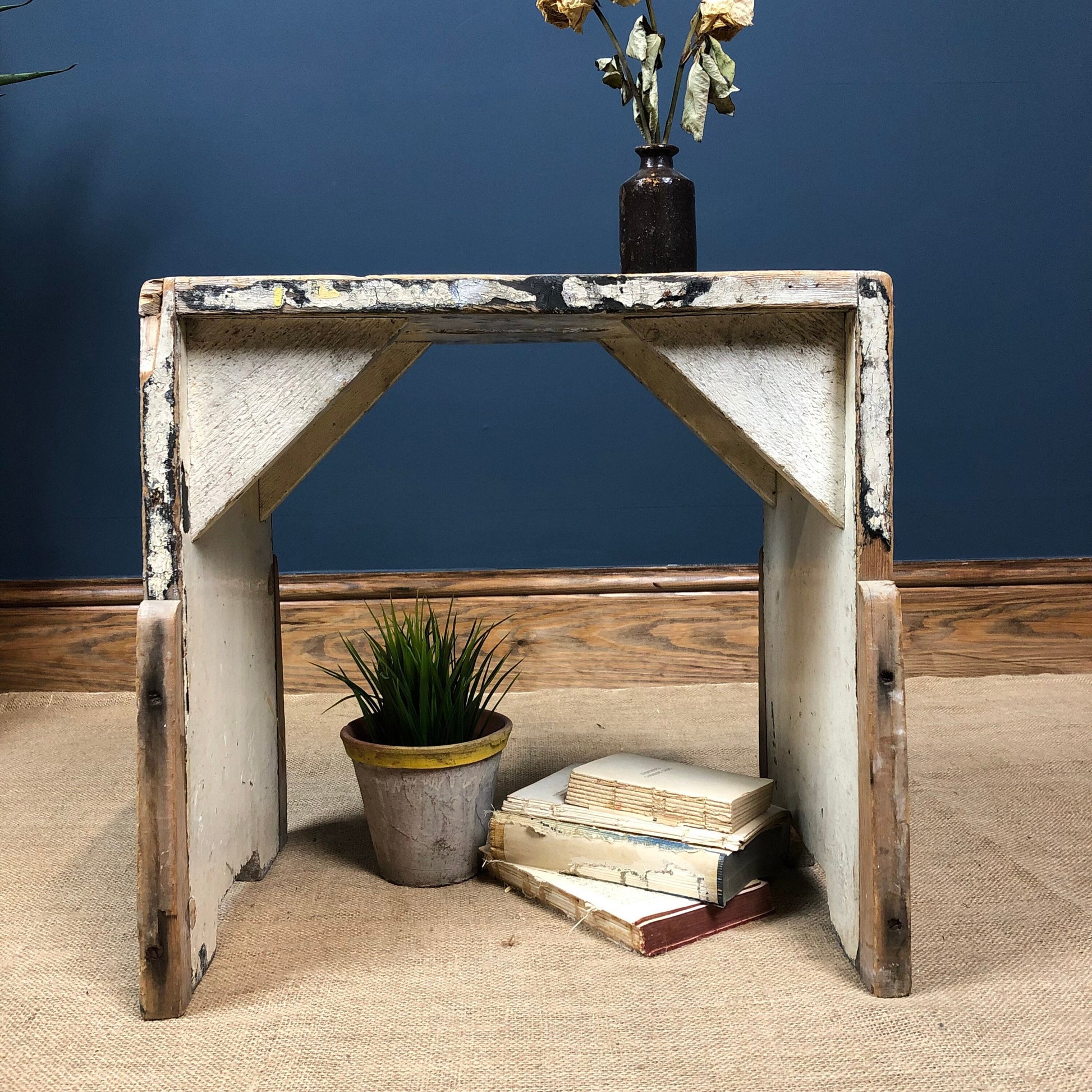 Rustic White Painted Workshop Stool Small Bench