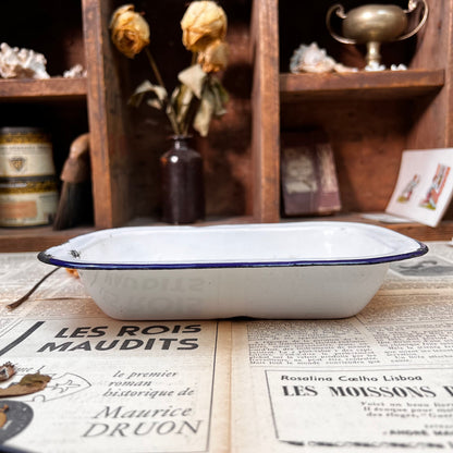 Vintage Enamel White & Blue Rectangle Dish