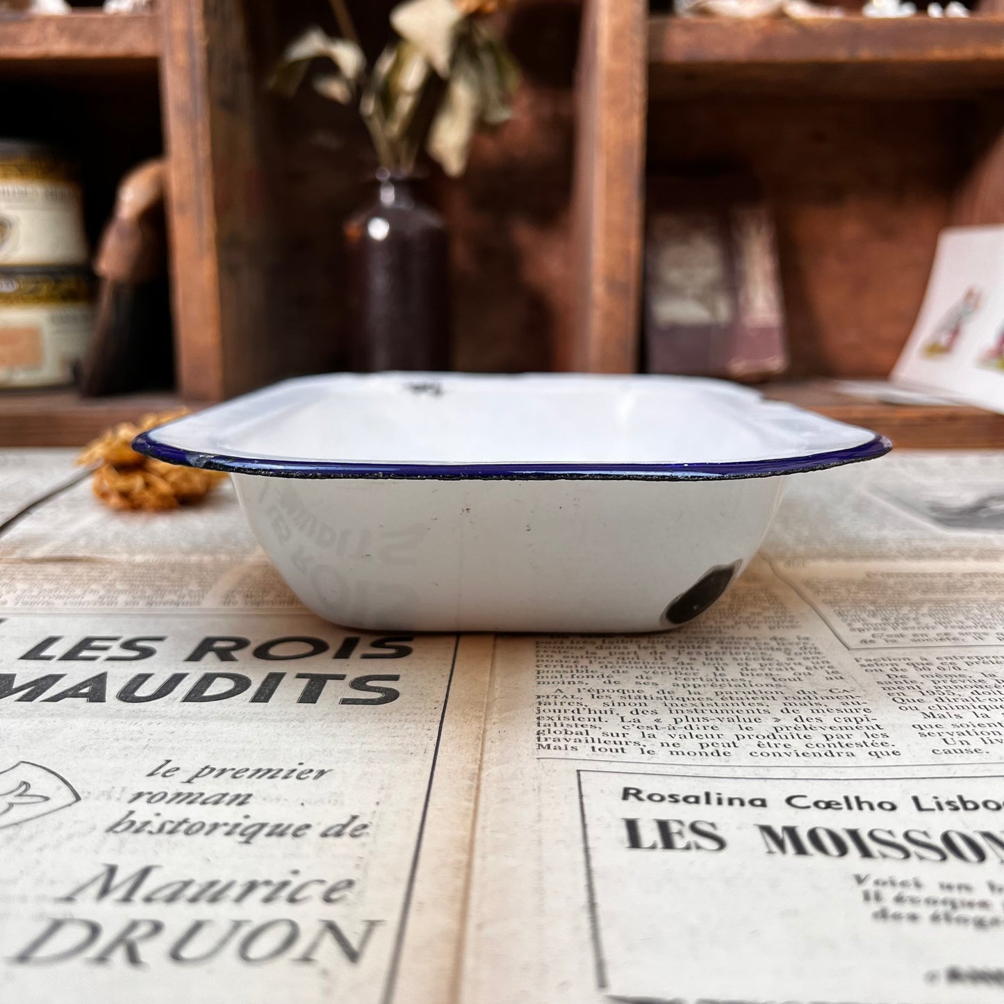 Vintage Enamel White & Blue Rectangle Dish