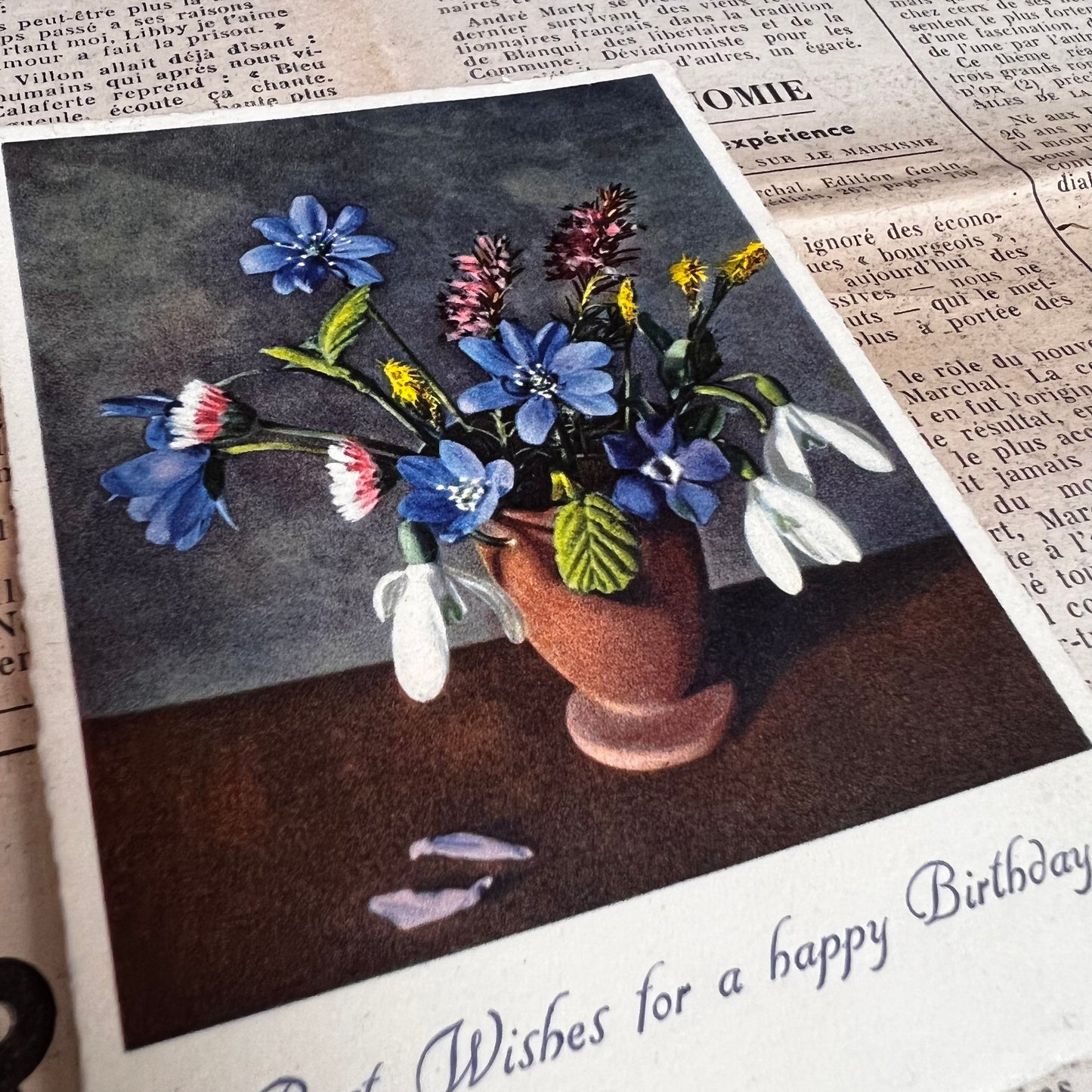 Vintage Floral Postcard - Happy Birthday Picture Coloured Print