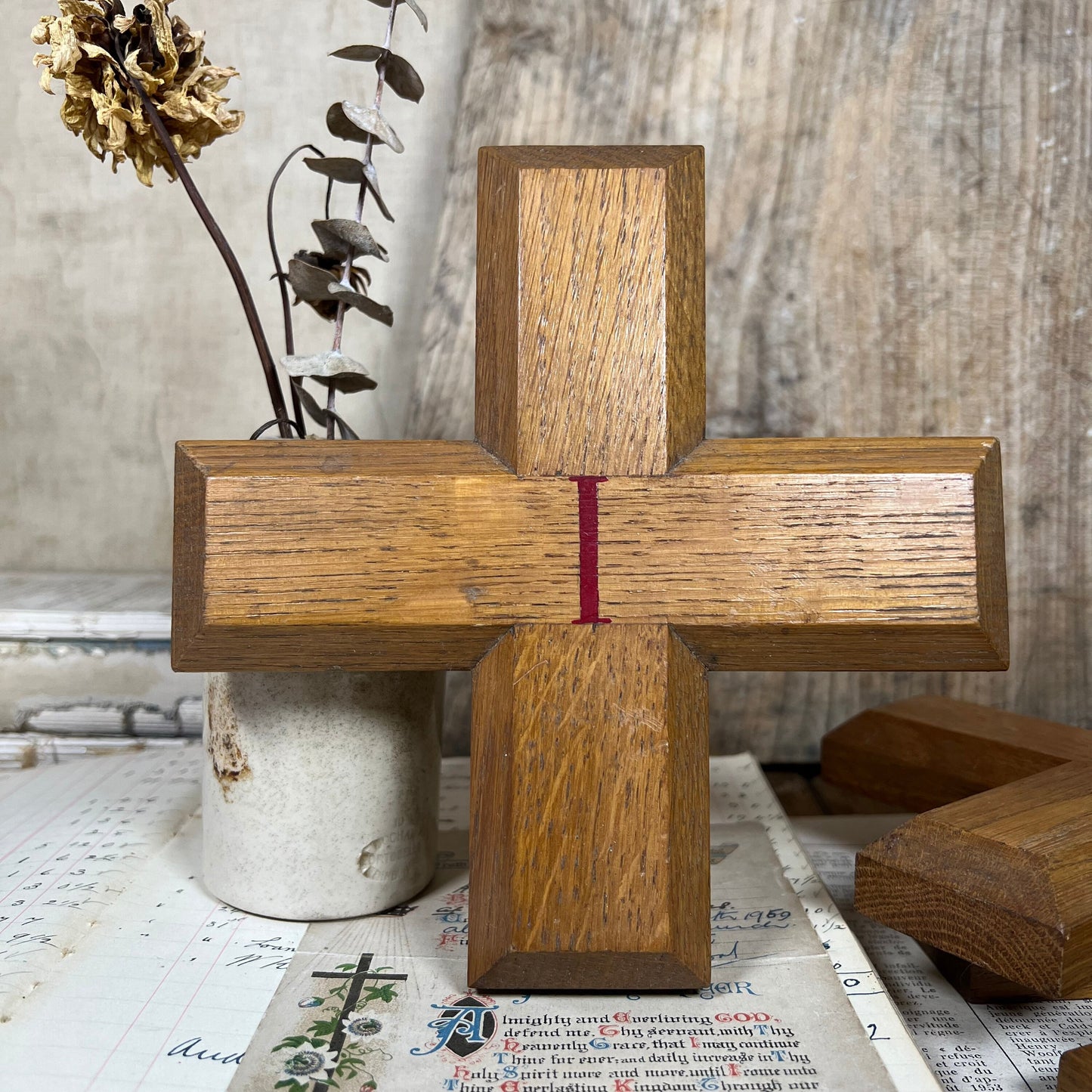 Vintage Wooden Cross with Red Roman Numerals - Stations of the Cross