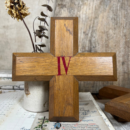 Vintage Wooden Cross with Red Roman Numerals - Stations of the Cross