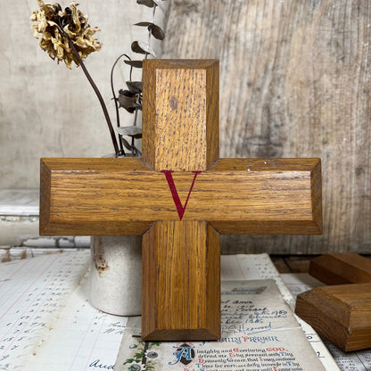 Vintage Wooden Cross with Red Roman Numerals - Stations of the Cross