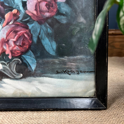 Large Vintage Still Life Art Print Roses in Black Frame Euknrger - The Blind Mole