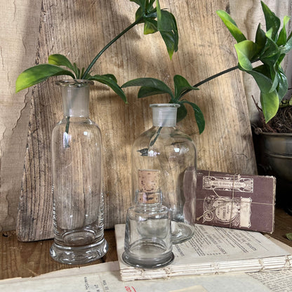 Trio of Vintage Glass Apothecary Chemist Laboratory Bottle - Propagating Bottle, Vase