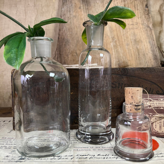 Trio of Vintage Glass Apothecary Chemist Laboratory Bottle - Propagating Bottle, Vase