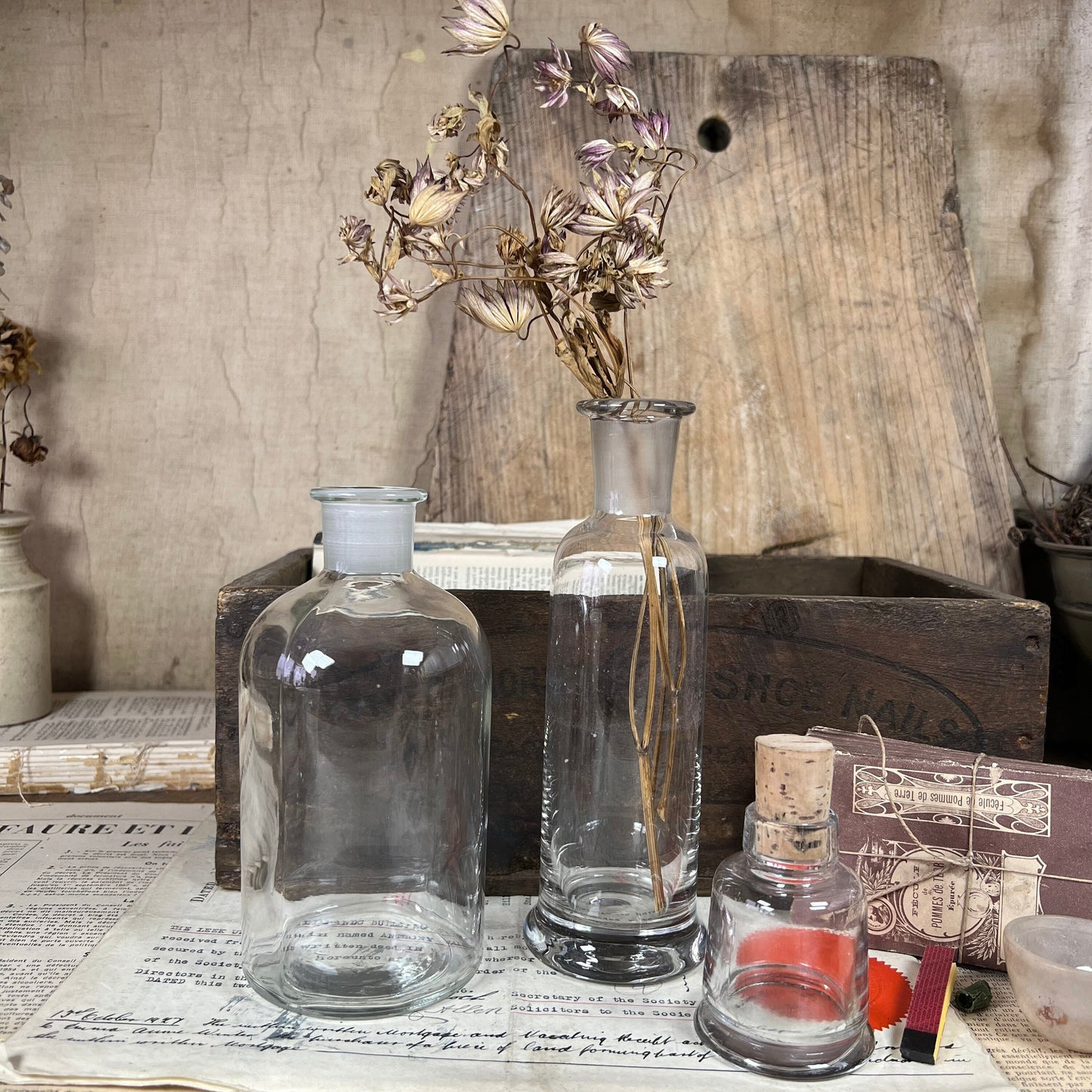 Trio of Vintage Glass Apothecary Chemist Laboratory Bottle - Propagating Bottle, Vase