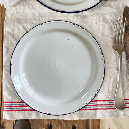 Pair of Vintage Enamel White & Blue Plates 20cm