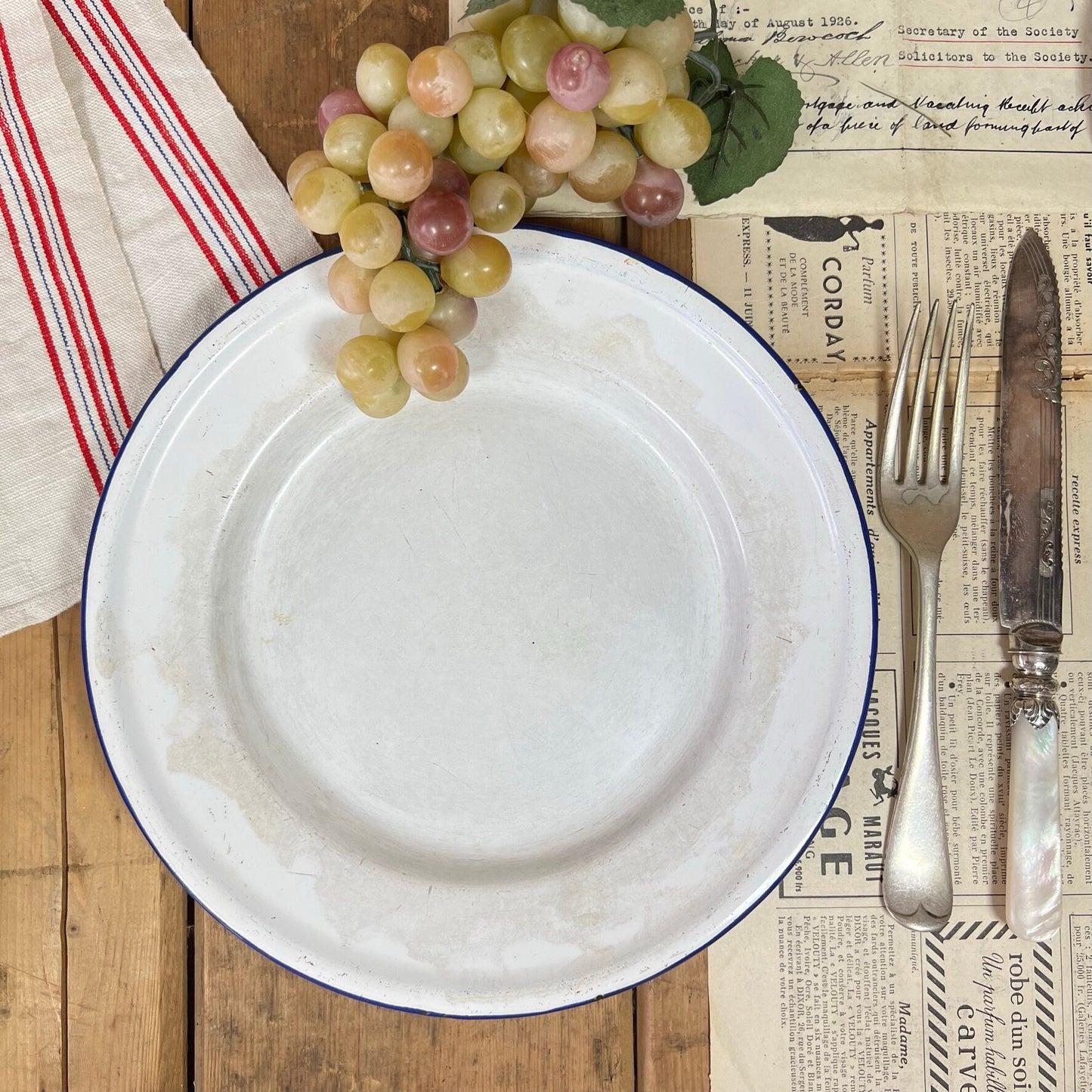 Vintage Enamel White & Blue Plate with wide rim 24cm