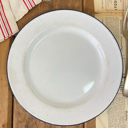 Vintage Enamel White & Blue Plate with wide rim 22cm