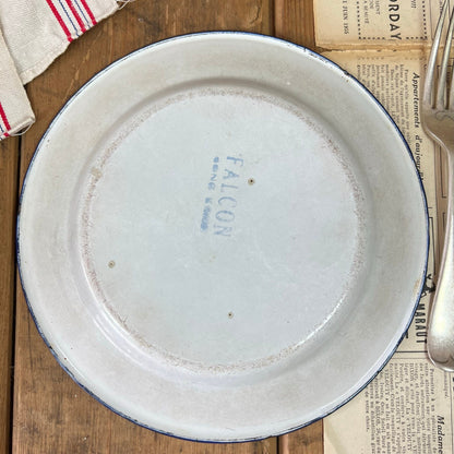 Vintage Enamel White & Blue Plate with wide rim 22cm