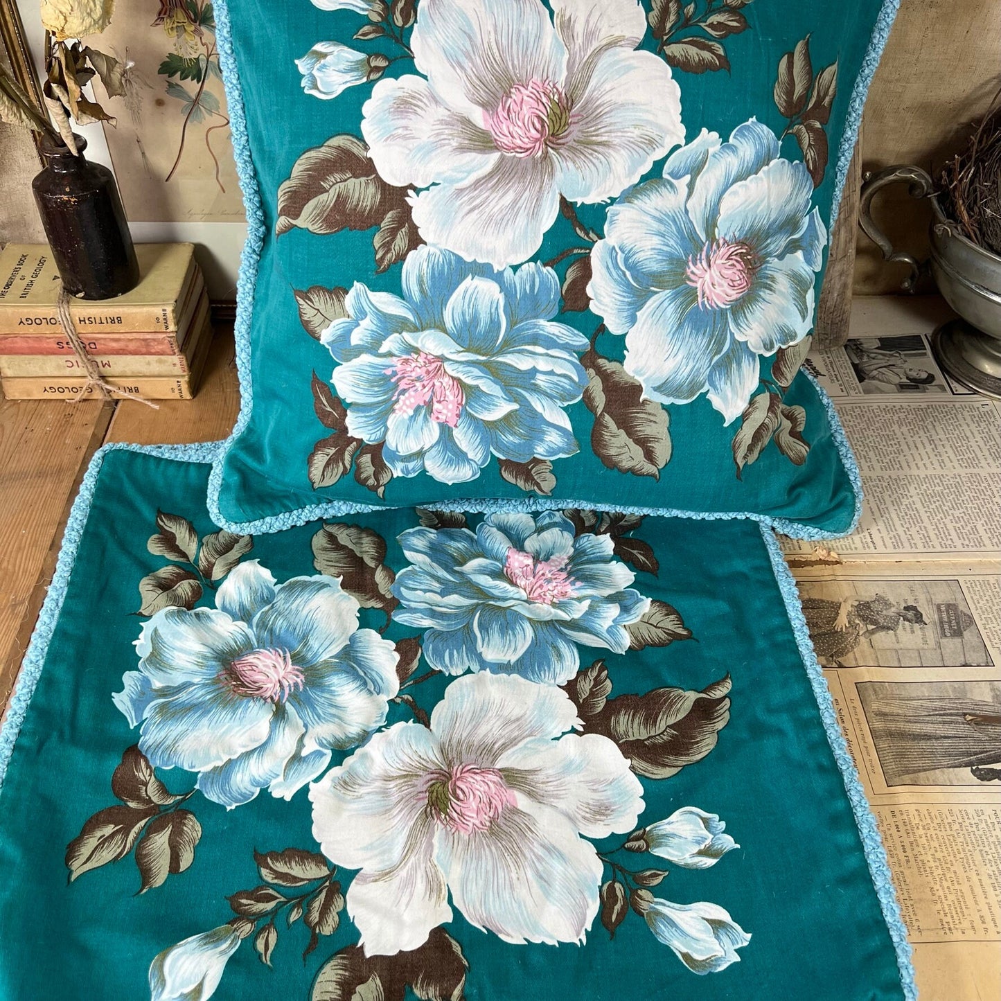 Four Stunning Mid Century Floral Scatter Cushions - Electric Blue/Teal