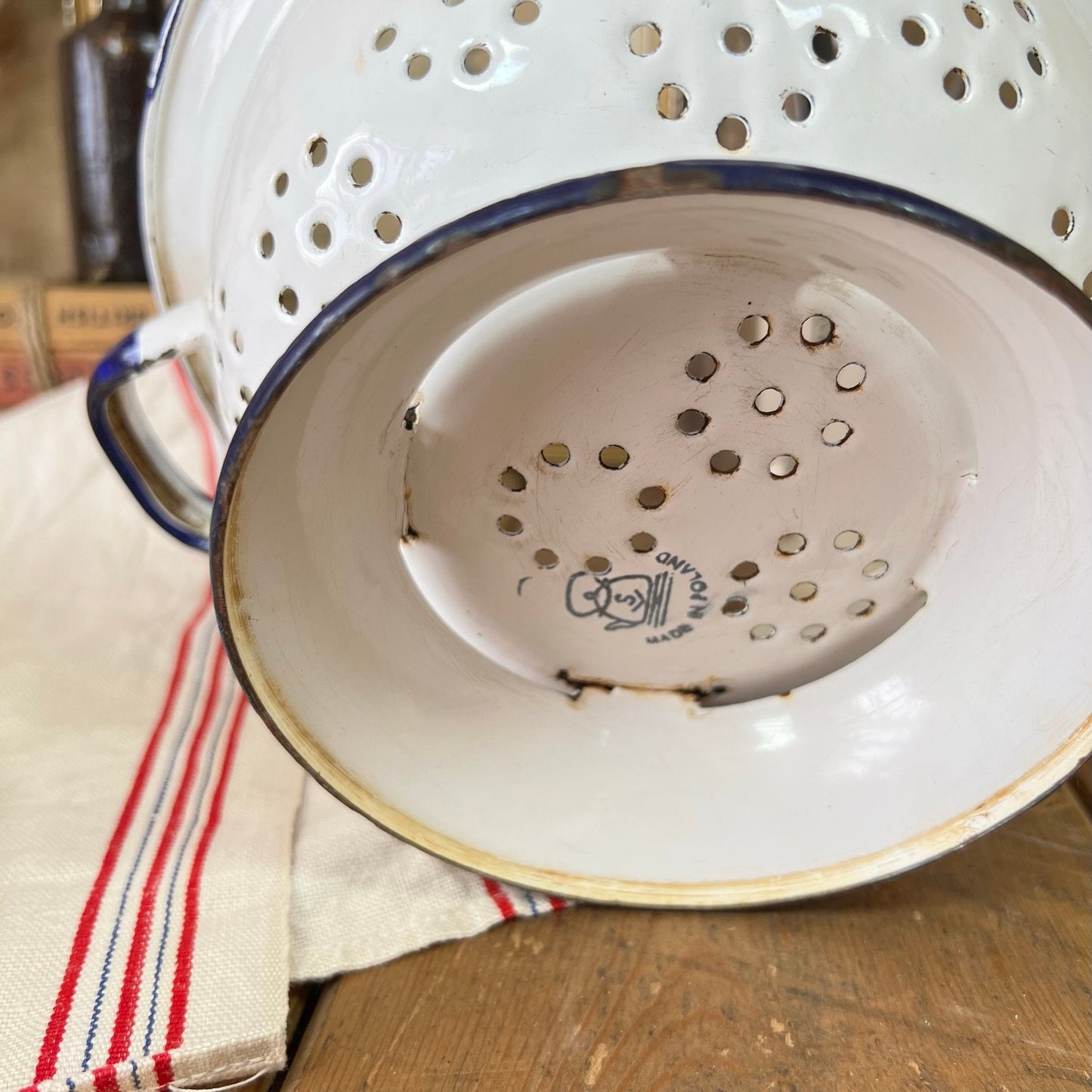 Vintage White & Blue Enamel Colander Strainer