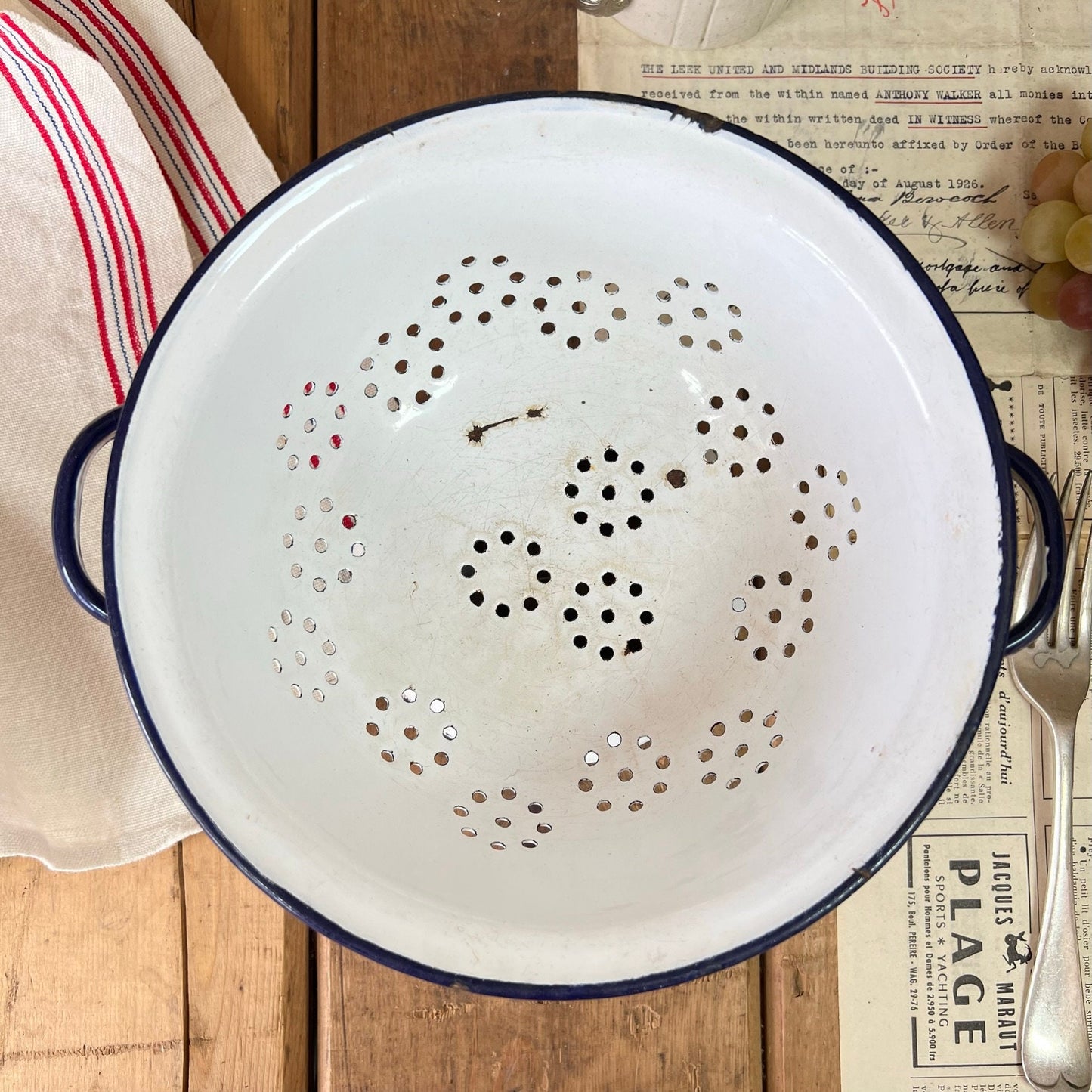 Vintage White & Blue Enamel Colander Strainer