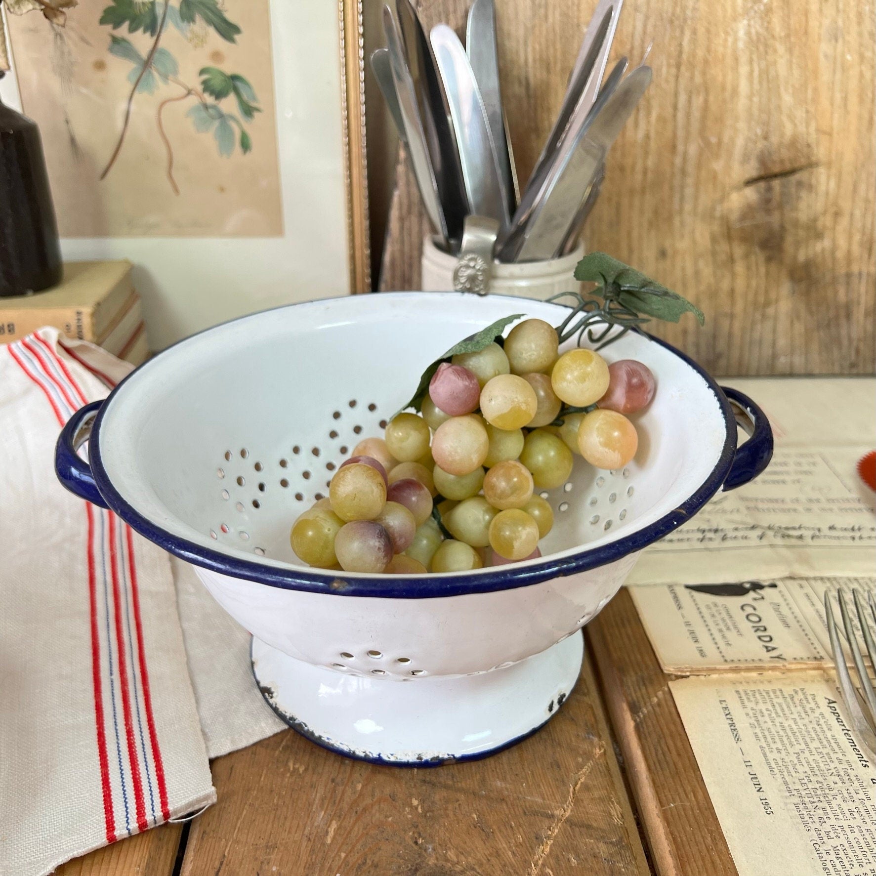 Vintage White & Blue Enamel Colander Strainer