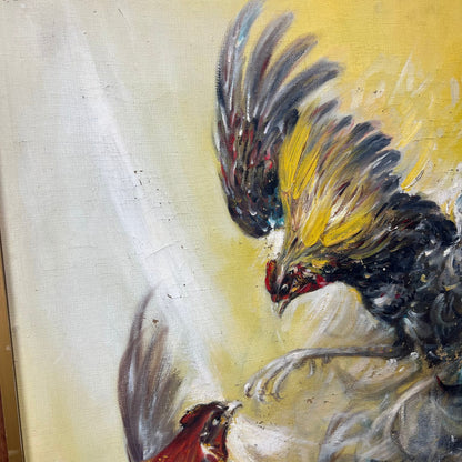 Framed Mid Century Original Oil on Canvas Cock Fight