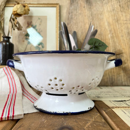 Vintage White & Blue Enamel Colander Strainer