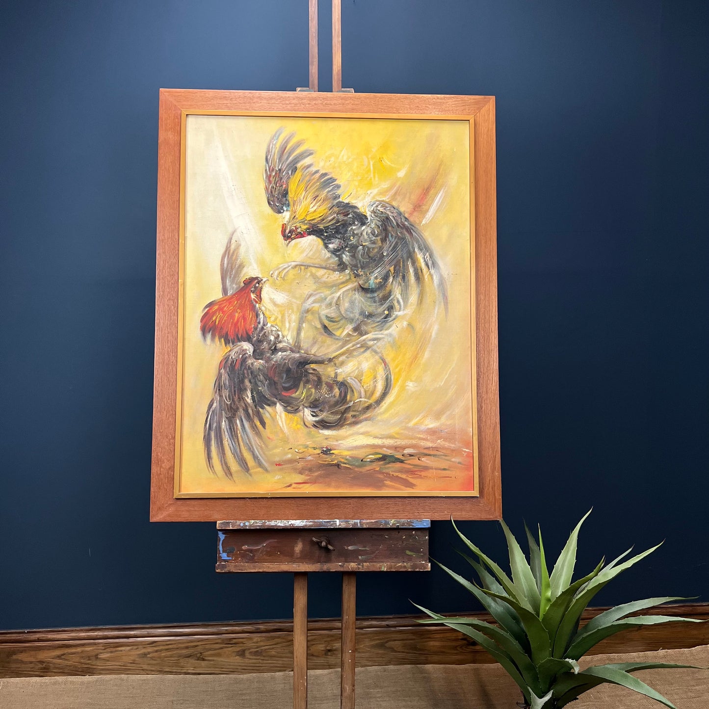 Framed Mid Century Original Oil on Canvas Cock Fight